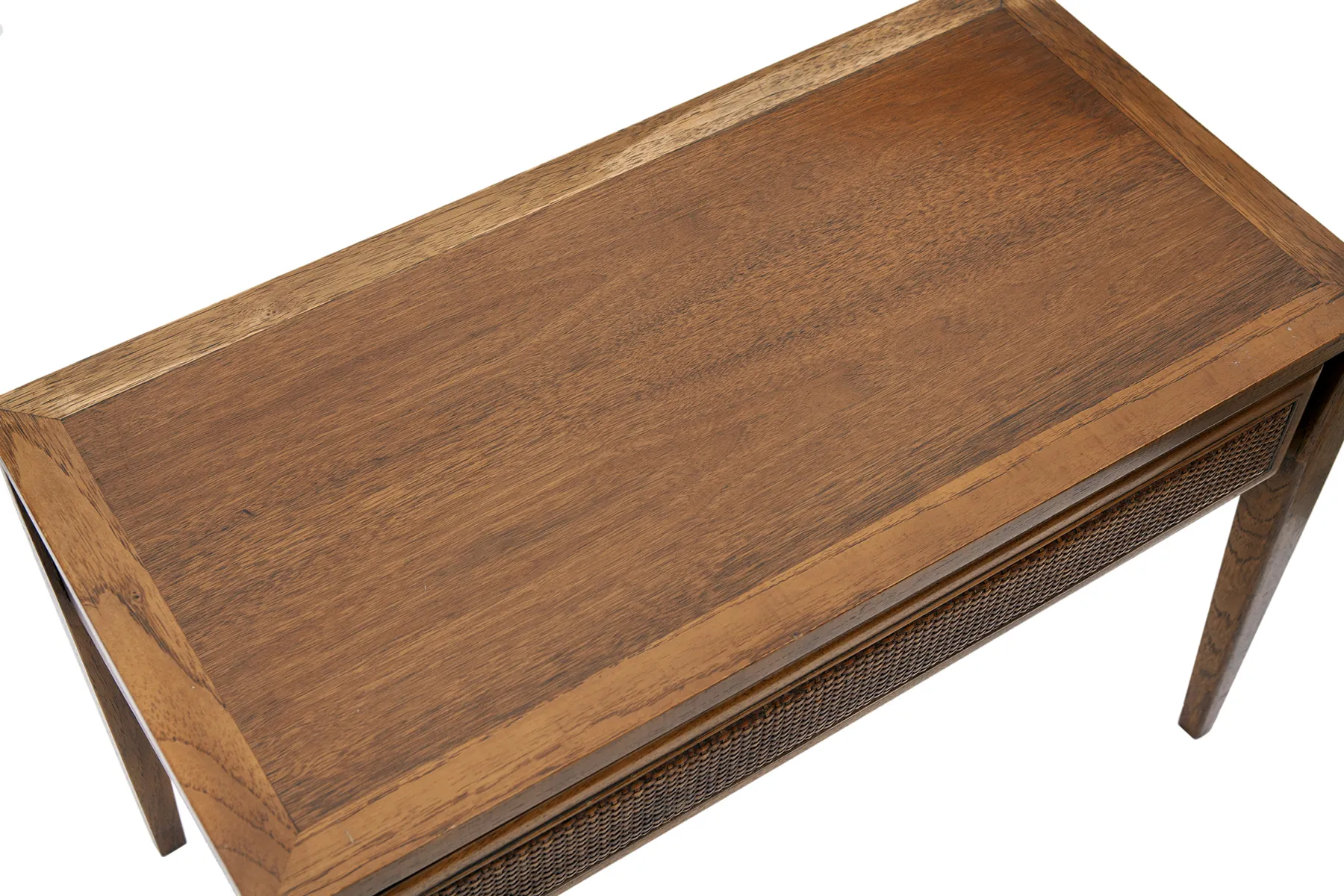 Midcentury Walnut Table w Wicker Drawer 4 Midcentury Walnut Table w Wicker Drawer